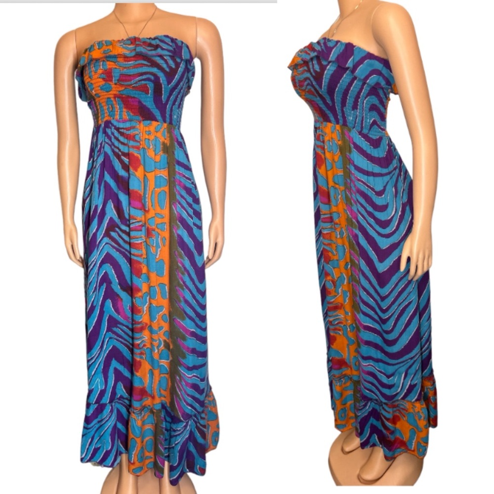 Mandee Maxi Dress Smocked Strapless Purple Multi Colored  Orange Teal Size M